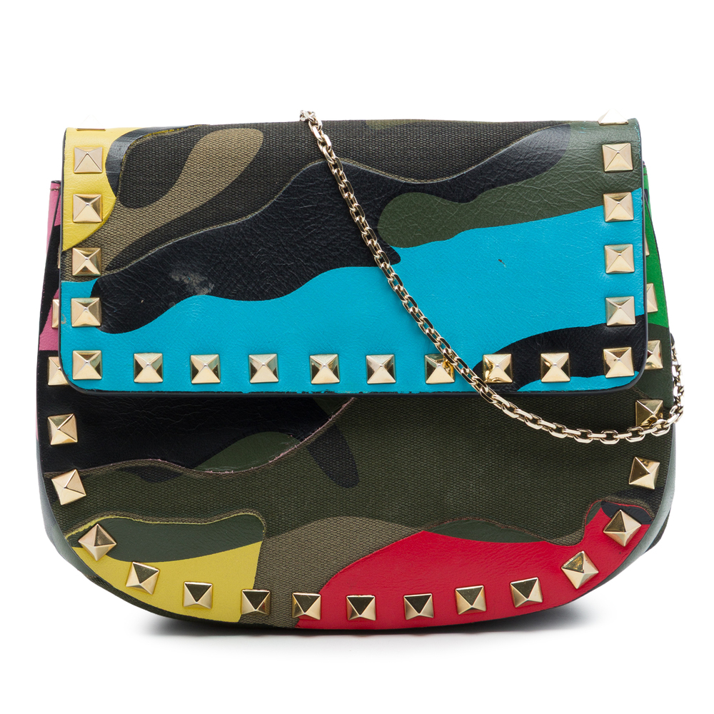 Pre-Loved Valentino Nappa and Canvas Camouflage Rockstud Flap Crossbody